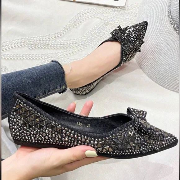 Luxe rhinestone bow flats loafers Scarlet Rhinestone Flannel Pointed Toe Loafers | Talbots main image 4